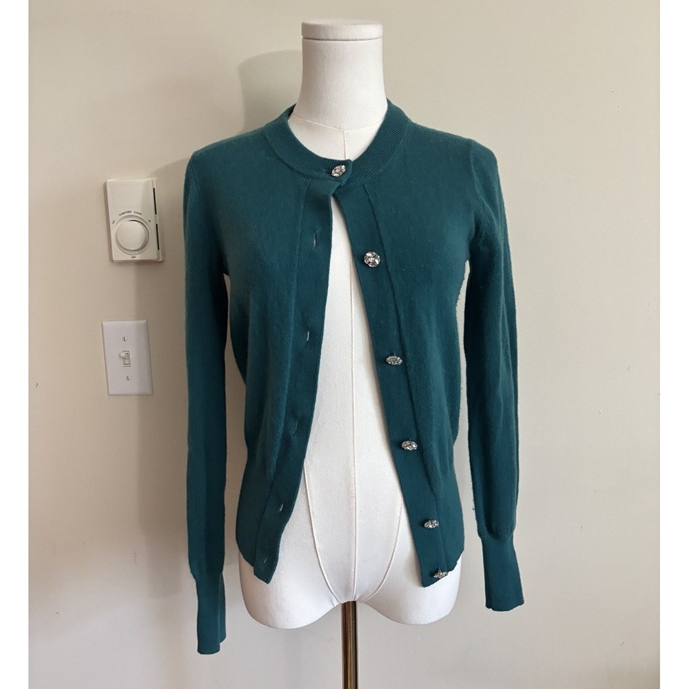 J Crew Everday Cashmere‎ Cardigan Jeweled Buttons Green Rhinestone XXS XS Office
